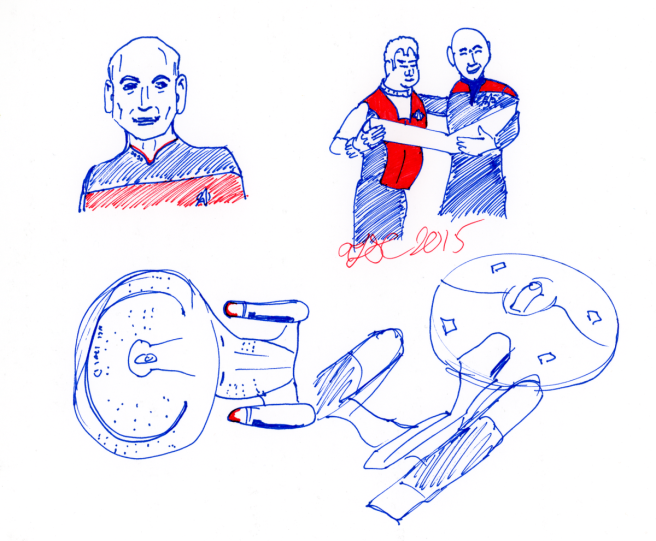 Picard and Kirk Captains and Enterprises Sketch - Red and blue ink