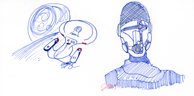 Star Trek Sketches - Enterprise D over Earth with Moon and Police Officer, red and blue ink